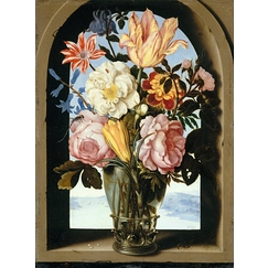 Bouquet of flowers in a stone frame opening onto a landscape