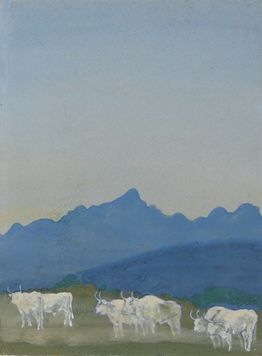 Trois couples de taureaux blancs sur fond de montagnes