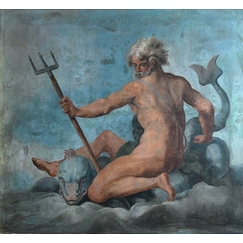 Plafond de la Galerie des assiettes : Neptune sur un dauphin