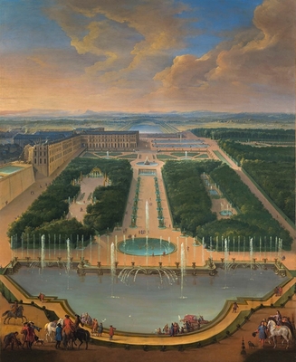 Vue du château de Versailles depuis le Bassin du Dragon et de Neptune