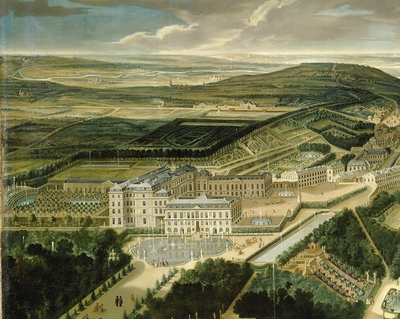 Perspective view of Royal castle and gardens of Saint Cloud near Paris in 1700