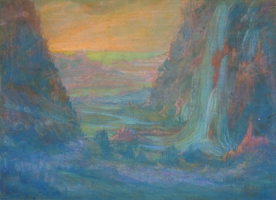 Mountain landscape with waterfall at sunset