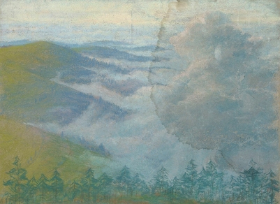 Paysage de montagne avec sapins au premier plan et brume