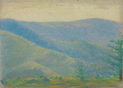 Mountain landscape with fir trees in the foreground