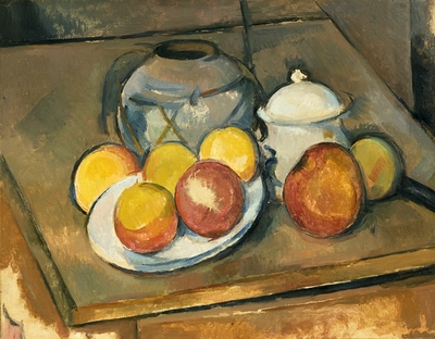 Straw vase, sugar bowl and apples