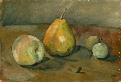 Nature morte, poire et pommes vertes