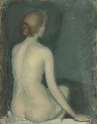 Naked woman, view from behind, facing right