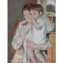Mother and child: the woman holds her child on her lap who sucks his thumb