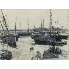 Fishing vessels stranded on the shore, with several sailors on a jetty