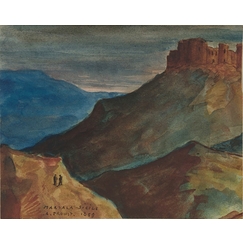 Château fort sur une éminence, et au 1er plan, deux personnages sur une colline