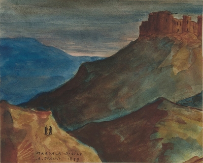 Château fort sur une éminence, et au 1er plan, deux personnages sur une colline