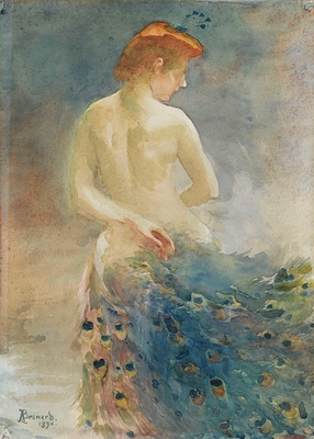 Naked woman, from behind, with a peacock tail, head in profile on the right