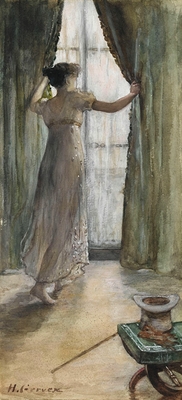 Young woman standing, seen from behind, in front of a window