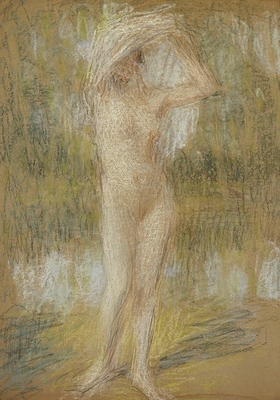 Nude standing, face up, arms raised, holding a drapery