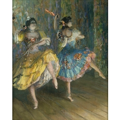 Two Spanish dancers, on stage, playing castanets