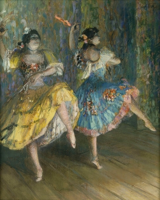 Two Spanish dancers, on stage, playing castanets