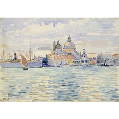 Venise, le canal avec des bateaux à voiles et au fond la Salute