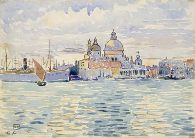 Venise, le canal avec des bateaux à voiles et au fond la Salute