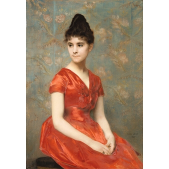 Jeune fille en robe rouge sur fond de fleurs