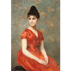 Young girl in a red dress on a flower background