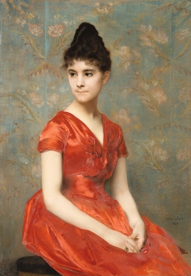Young girl in a red dress on a flower background