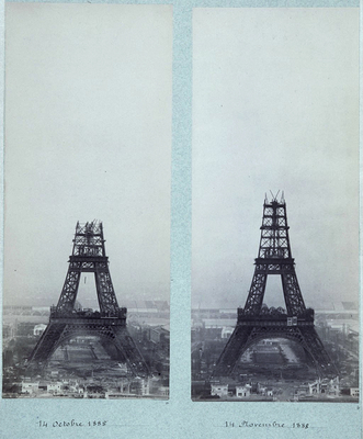 The construction of the Eiffel Tower seen from one of the towers of the Trocadero Palace