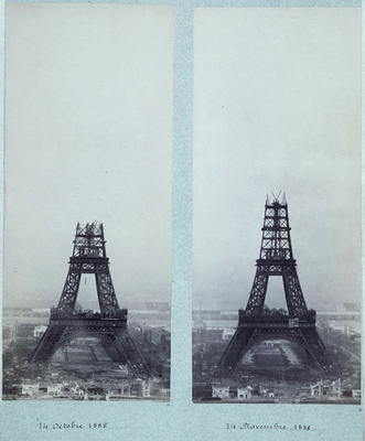 La construction de la Tour Eiffel vue de l'une des tours du palais du Trocadéro