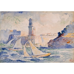 Entrance to a port (Antibes) with two sailboats in the foreground and a lighthouse in the background