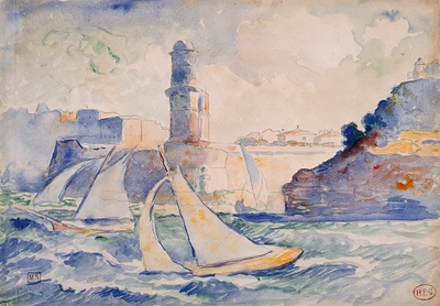 Entrance to a port (Antibes) with two sailboats in the foreground and a lighthouse in the background