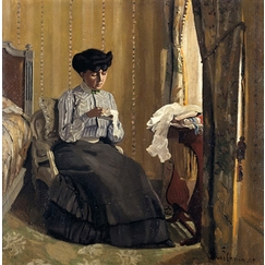 Femme cousant dans un intérieur