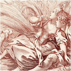 Engraving Sitting shepherd and shepherdes - Péquégnot after François Boucher