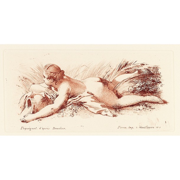 Naked woman lying on her stomach holding a vase