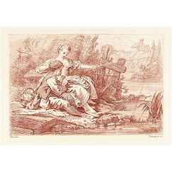 Jeune bergère pêchant à la ligne à côté d'un jeune berger jouant de la flûte