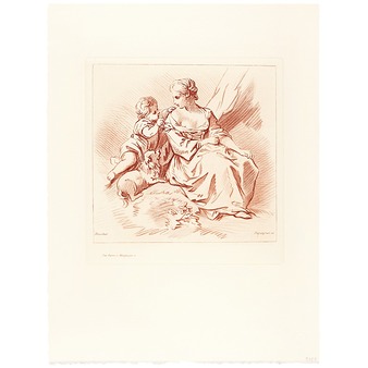 Jeune fille assise à côté d'un enfant et d'un chien - Auguste Péquégnot