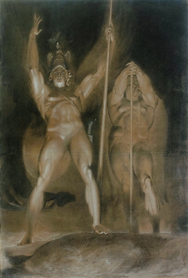 Satan et Belzébuth debout, de face, domiant des nuées enflammées