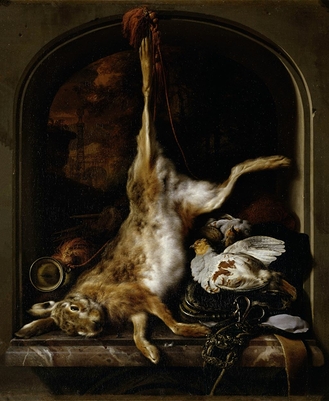 Game and hunting utensils arranged on a window sill