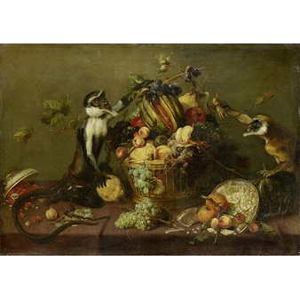 Two monkeys looting a fruit basket
