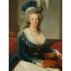 Queen Marie-Antoinette sitting, in a blue coat and white dress, holding a book in her hand