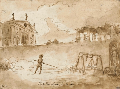 Man working with lime, in front of the Albani villa