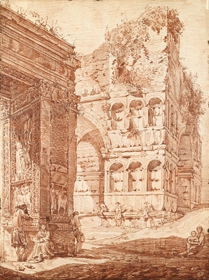 Several people among ancient ruins